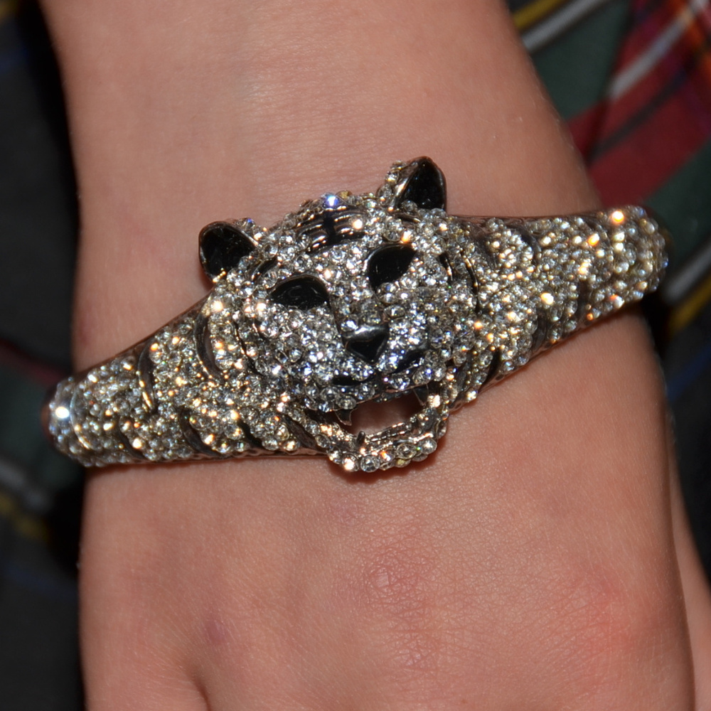 vintage rhinestone big cat animal clamper bracelet